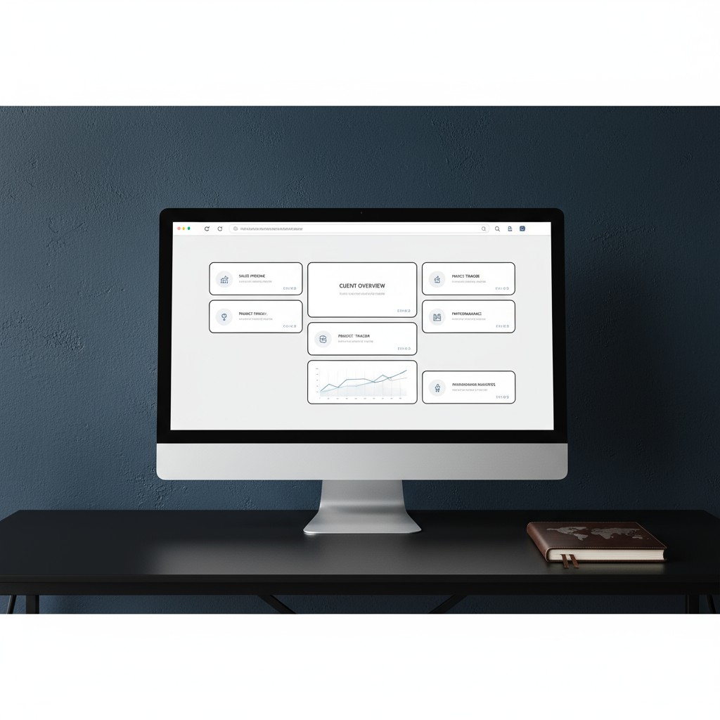 A computer monitor displaying a client overview dashboard with charts on a dark desk and blue-gray wall.