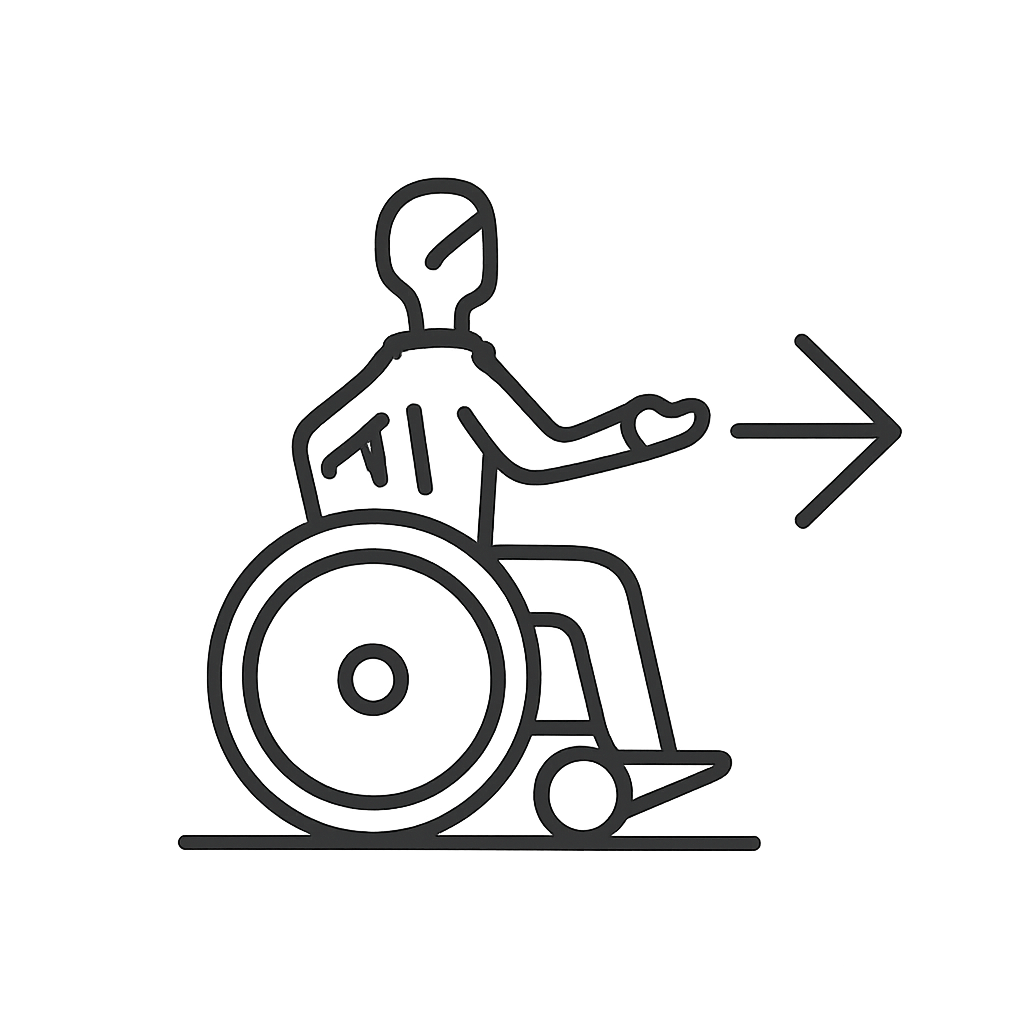 An outline of a person in a wheelchair with an arrow pointing to the right.